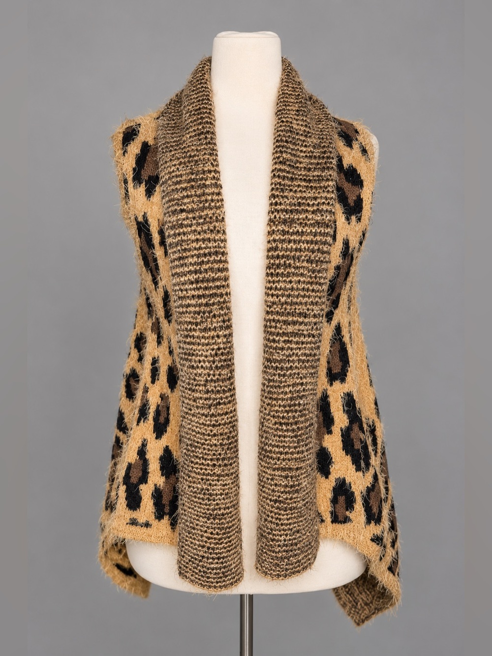Women’s Medium Leopard Print Fuzzy Knit Draped Open Front Vest Y2K Boho